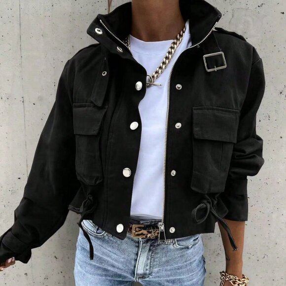 Black Casual Women Long Sleeve Front Zipper Jacket with Pockets - Picture 1 of 6